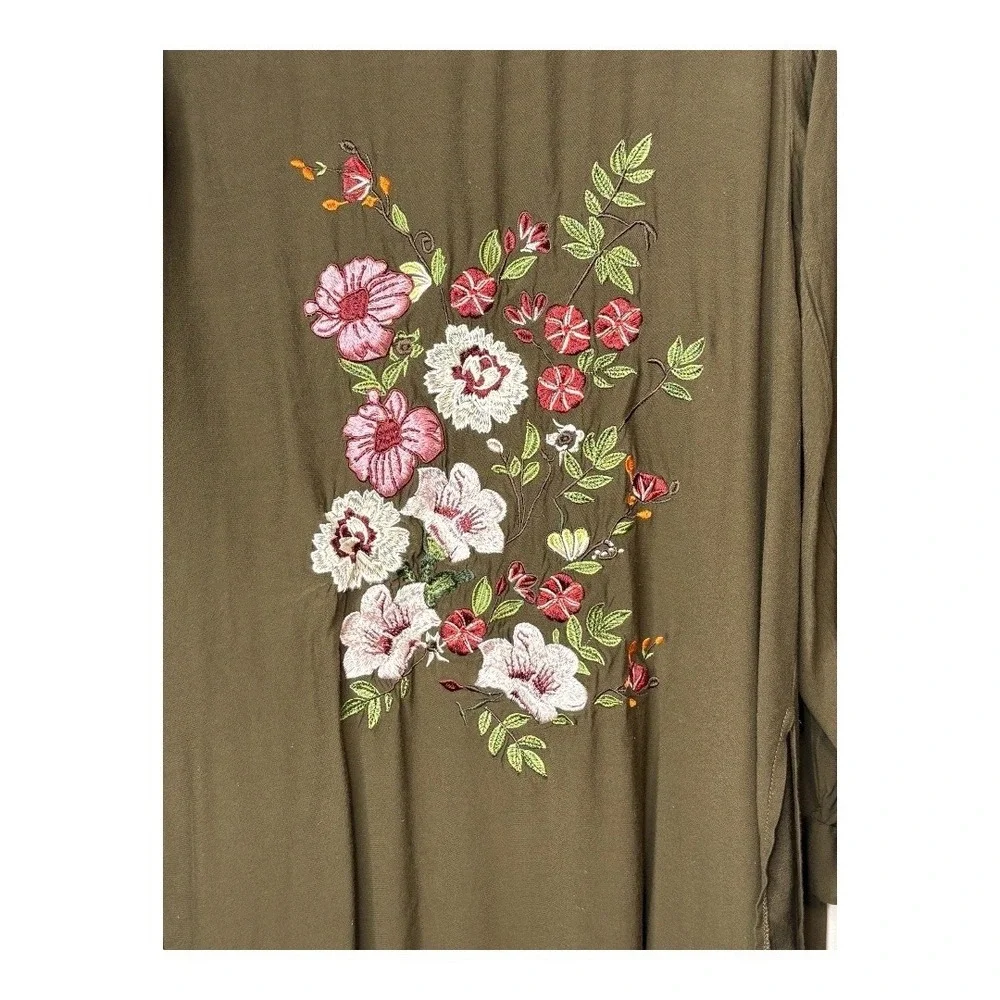 Gibson Latimer Duster Cardigan Womens 1X Olive Green Floral Embroidered Long‎